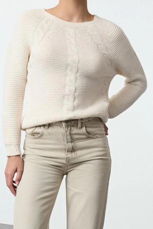 Stil Modern Kadın Regular Reglan Kol Bisiklet Yaka Yumuşak Dokulu Saç Örgülü Dikişsiz Triko Kazak