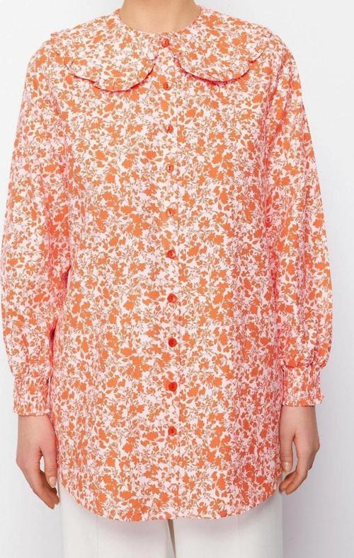 Moda Kadın Tesettür Bebe Yaka Çiçekli Desen Günlük Bebe Yaka Dokuma Çıtır Çiçek Desenli Gömlek