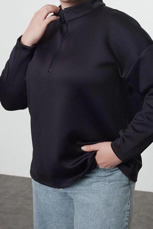Büyük Beden Tarz Oversize Dik Yaka Düşük Kol Uzun Geniş Kalıp Örme Sweatshirt