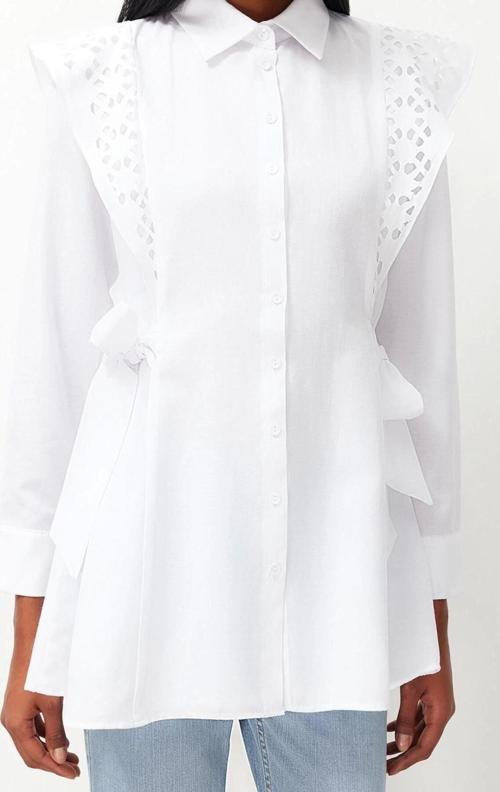 Moda Kadın Tesettür Gömlek Yaka Düz Desen Günlük Brodeli Pamuklu Dokuma Gömlek