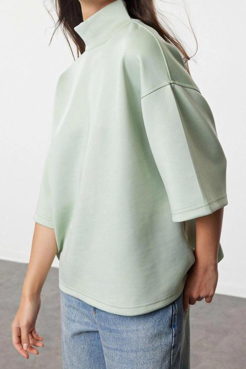 Tarz Oversize Dik Yaka Düşük Kol Uzun Geniş Kalıp Truvakar Kol Örme Sweatshirt