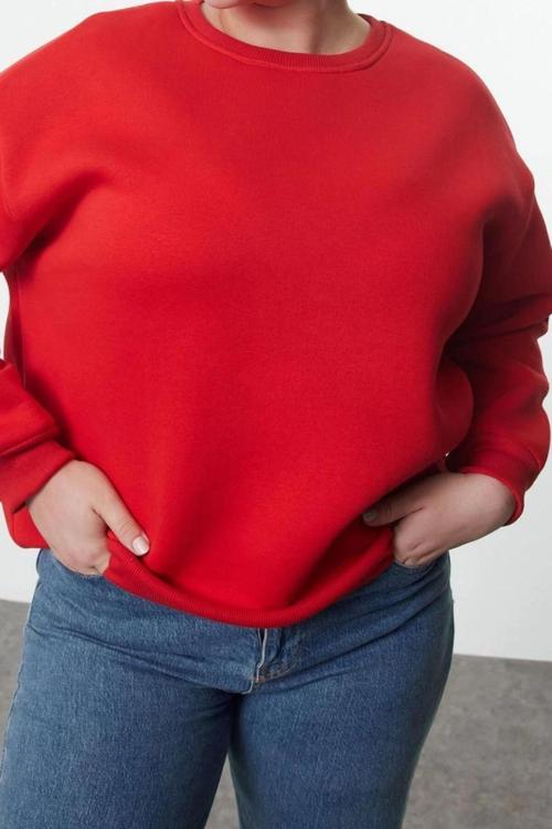 Büyük Beden Oversize Bisiklet Yaka Bej Rahat Kesim Basic Kalın polarlı Örme Sweatshirt