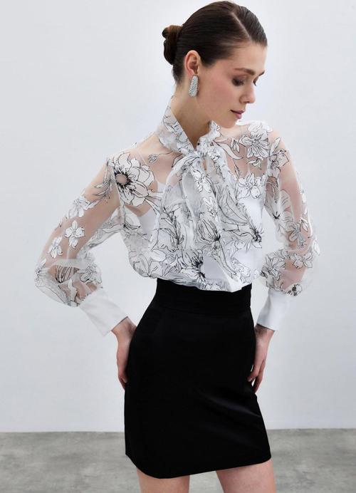 Çiçek Desenli Gömlek - Ekru