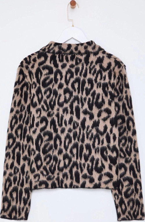 Stil Modern Kadın Regular Standart Kol Polo Yaka Leopar Desenli Triko Hırka