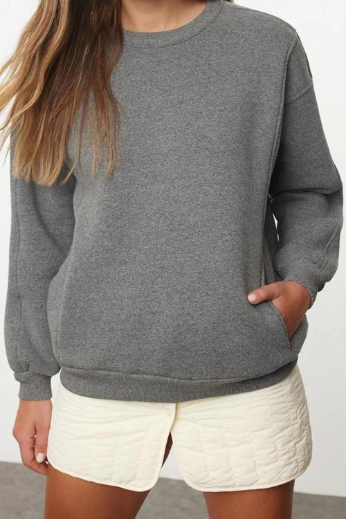 Tarz Bol Bisiklet Yaka Düşük Kol Uzun Geniş Kalıp Cepli Kalın Örme Sweatshirt