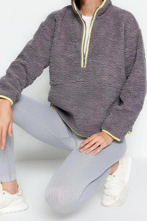 Tarz Regular Dik Yaka Düşük Kol Regular Peluş Örme Spor Sweatshirt