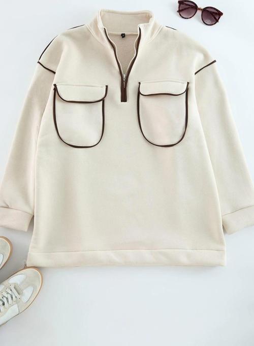 Tesettür Tarz Oversize Dik Yaka Standart Kol Uzun Fermuar ve Cep Detaylı Sweatshirt