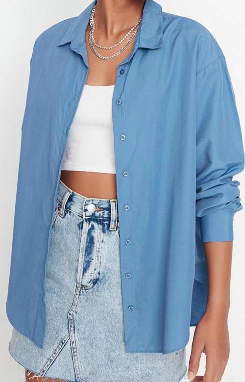 Moda Kadın Gömlek Yaka Düz Desen Günlük Loose Fit Dokuma Gömlek