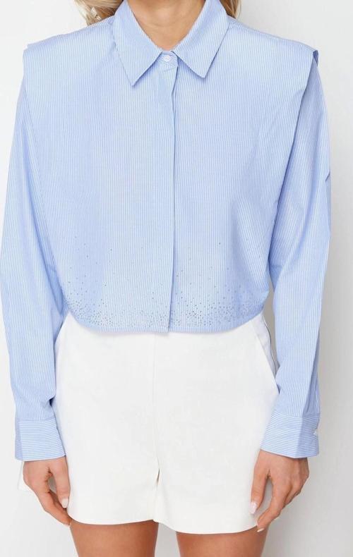 Moda Kadın Gömlek Yaka Düz Desen Günlük Kolları Vatkalı Taşlı Crop Dokuma Gömlek