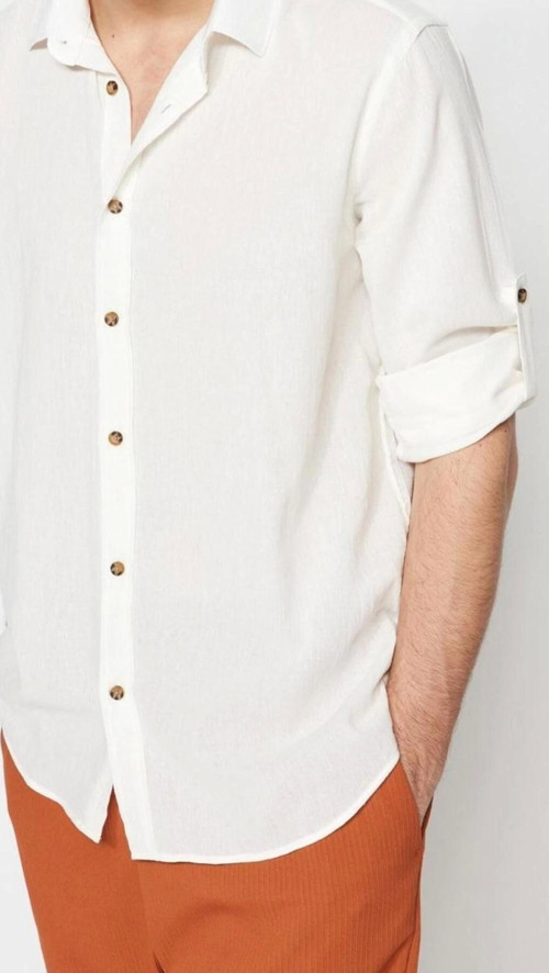 Moda Erkek Gömlek Yaka Düz Desen Günlük Regular Fit Apoletli Buruşuk Efektli Keten Görünümlü Gömlek