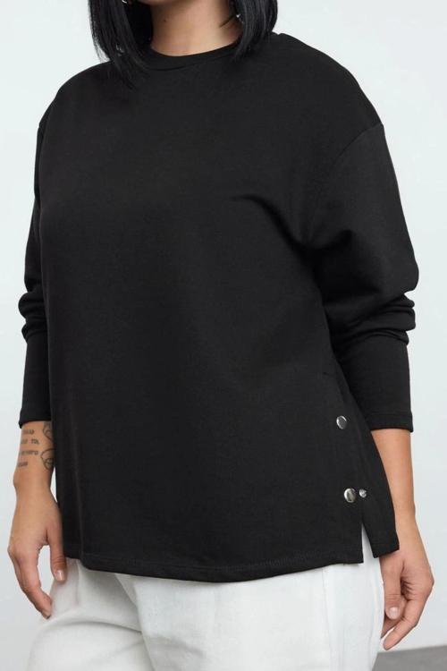 Büyük Beden Bisiklet Yaka Standart Kol Çıtçıt Detaylı Normal Kalıp Örme Sweatshirt