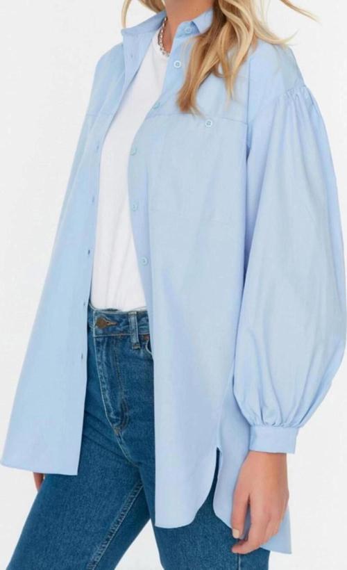 Moda Kadın Tesettür Gömlek Yaka Günlük Balon Kol Arkası Uzun Cep Detaylı Basic Dokuma Gömlek