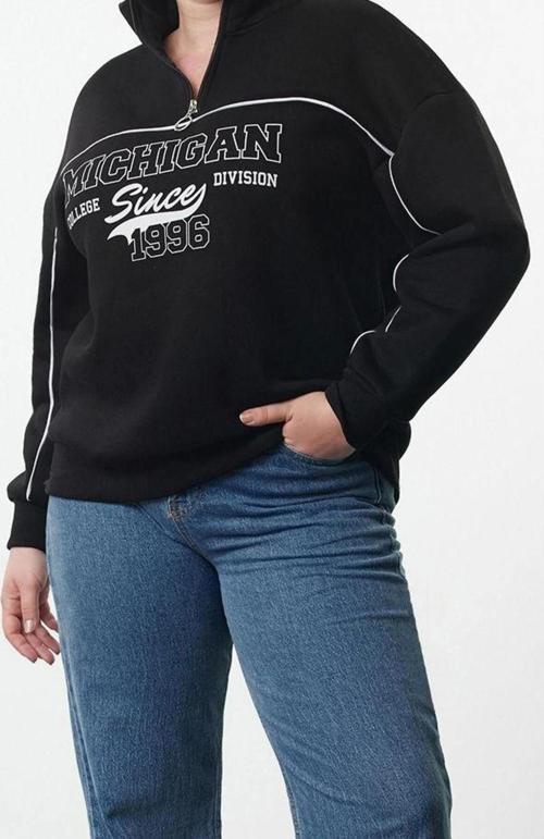 Büyük Beden Oversize Fermuarlı Yaka Düşük Kol Baskılı Geniş Kalın Polarlı Örme Sweatshirt