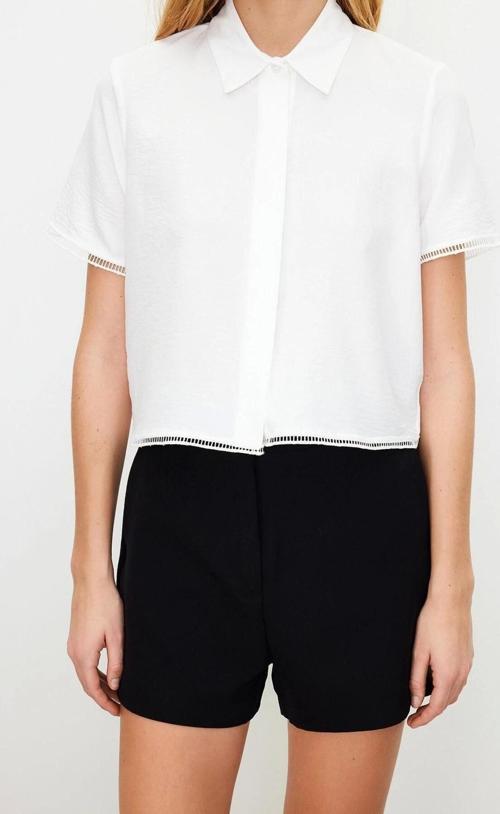 Moda Kadın Gömlek Yaka Düz Desen Günlük Kısa Kollu Crop Dantelli Cupra Kumaş Dokuma Gömlek