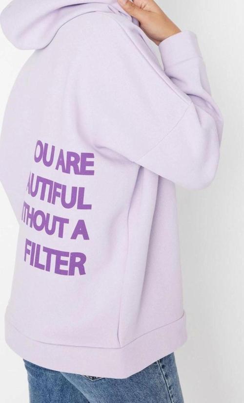 Oversize Kapüşonlu Düşük Kol Uzun Kalın İçi Polarlı Sırt Baskılı Geniş Kalıp Örme Sweatshirt