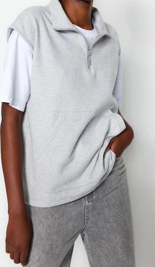 Fermuarlı Yaka Standart Kol Selanik Triko Fermuarlı Yaka Kalıp Sıfır Kol Örme Sweatshirt