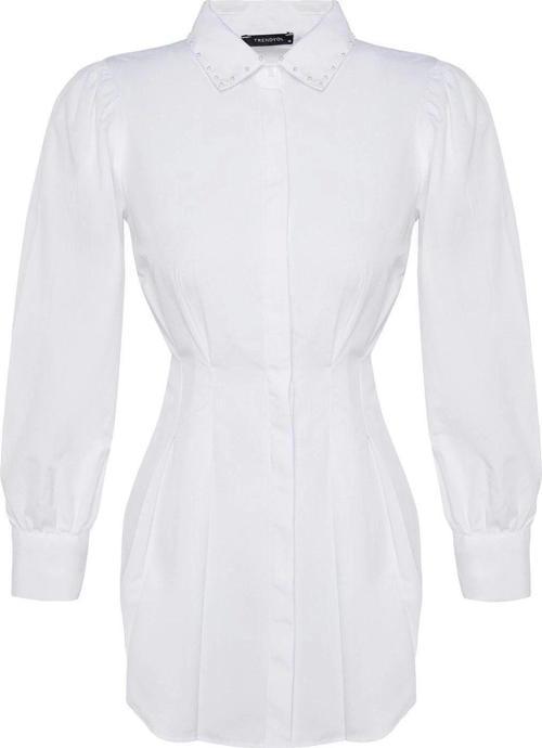 Moda Kadın Tesettür Gömlek Yaka Düz Desen Günlük Belden Oturan İnci Detaylı Dokuma Gömlek