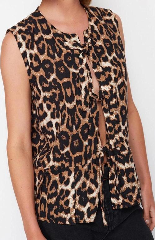 Stil Kadın Leopar Desenli Bağlamalı Kolsuz Bluz Uzun Dokuma Fitted Kalıp