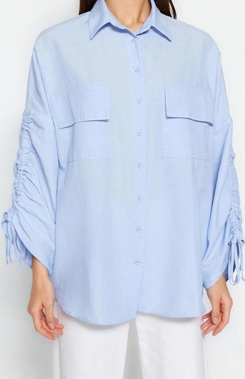 Moda Kadın Tesettür Gömlek Yaka Günlük Kolları Ayarlanabilir Büzgü Detaylı Dokuma Pamuklu Gömlek