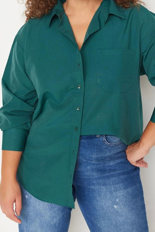 Moda Kadın Büyük Beden Gömlek Yaka Düz Desen Günlük Boyfriend Dokuma Gömlek