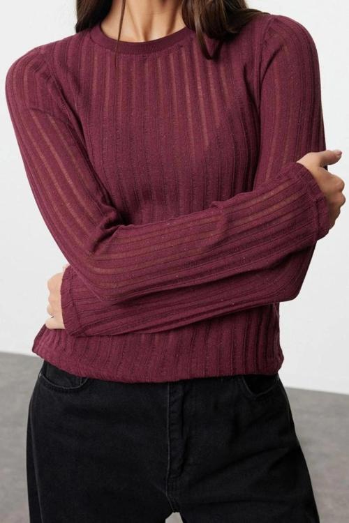 Stil Kadın Transparan Triko Görünümlü Kumaş Boy Bluz Regular Örme Regular Kalıp