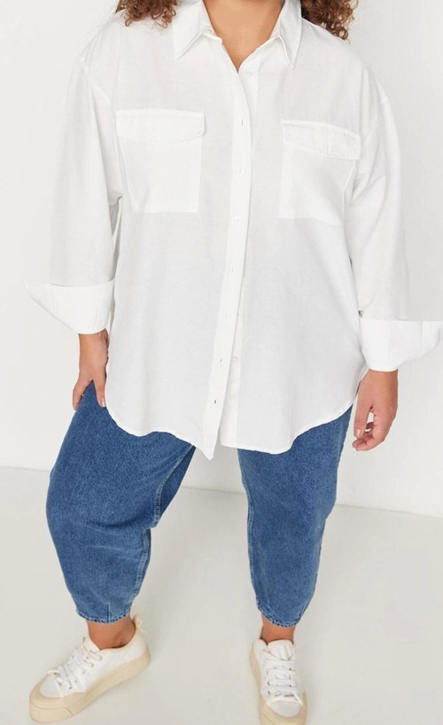 Moda Kadın Büyük Beden Gömlek Yaka Düz Desen Günlük Dokuma Cepli Poplin Gömlek
