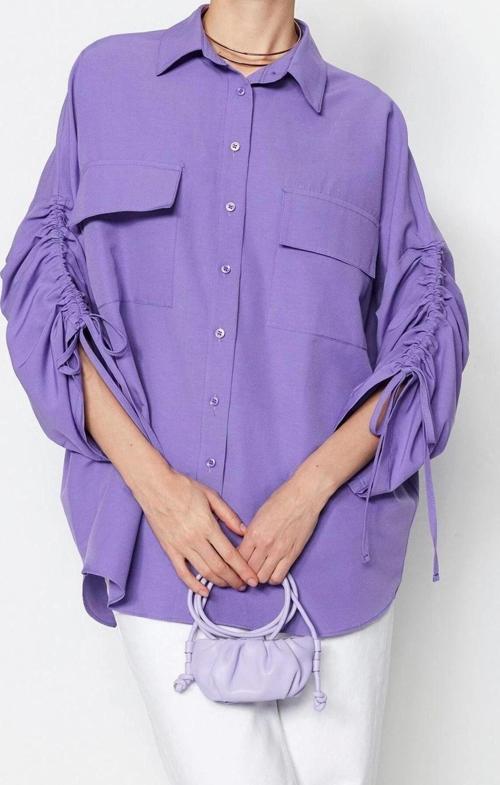 Moda Kadın Tesettür Gömlek Yaka Günlük Kolları Ayarlanabilir Büzgü Detaylı Dokuma Pamuklu Gömlek