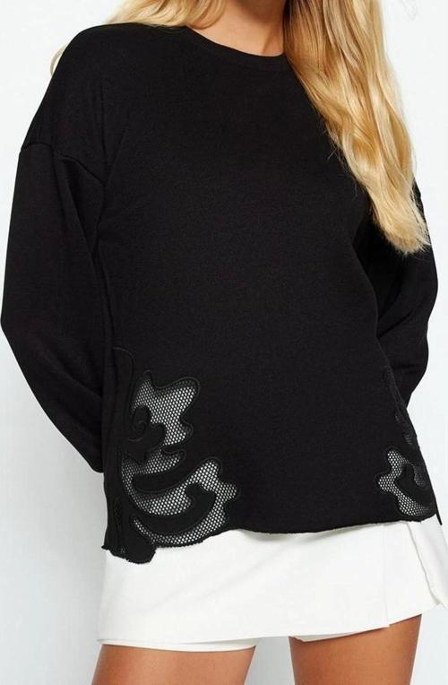 Tarz Relaxed Bisiklet Yaka Standart Kol Regular Basic İnce Aplike Detaylı Örme Sweatshirt