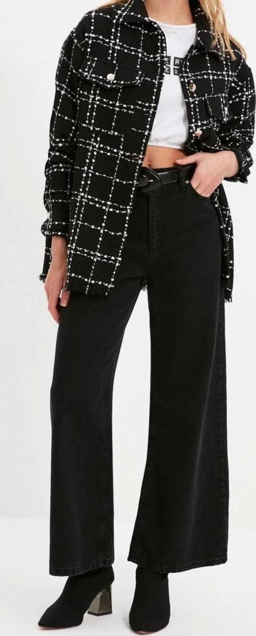 Moda Kadın Gömlek Yaka Geometrik Desen Günlük Ekose Cep Detaylı Tüvit Dokuma Ceket Gömlek