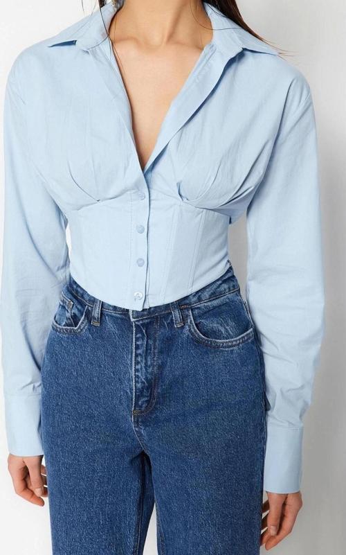 Moda Kadın Gömlek Yaka Düz Desen Şık Gece Crop Astarlı Korse Detaylı Dokuma Poplin Gömlek
