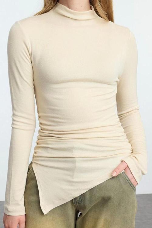 Stil Kadın Fitted Büzgü Drape Detaylı Bluz Crop Örme Slim Kalıp