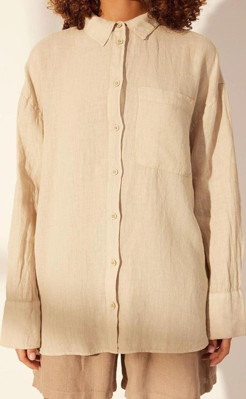 Moda Kadın Gömlek Yaka Düz Desen Günlük %100 Keten Oversize Gömlek