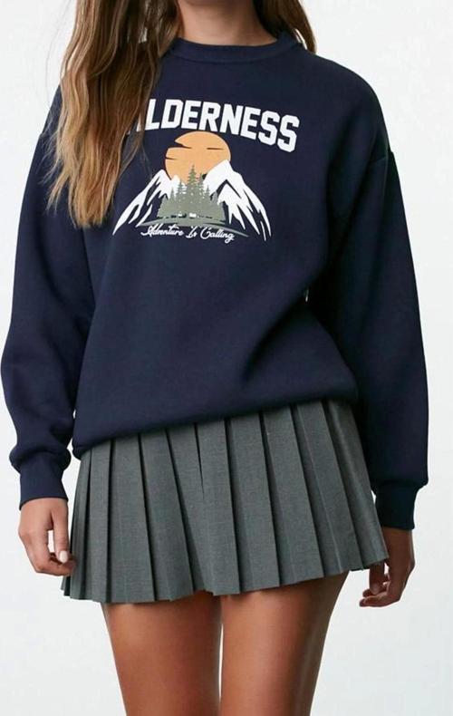 Regular Bisiklet Yaka Düşük Kol Regular Baskılı Kalın İçi Polarlı Rahat Kalıp Örme Sweatshirt
