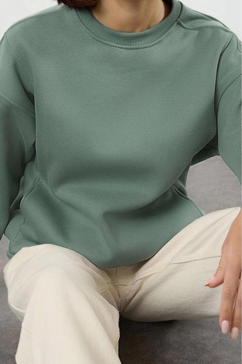 Tarz Bol Bisiklet Yaka Düşük Kol Uzun Geniş Kalıp Cepli Kalın Örme Sweatshirt