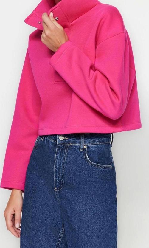 Crop Dik Yaka Standart Kol Crop Rahat Kesim Crop Çıtçıtlı Kalın İçi Polarlı Örme Sweatshirt