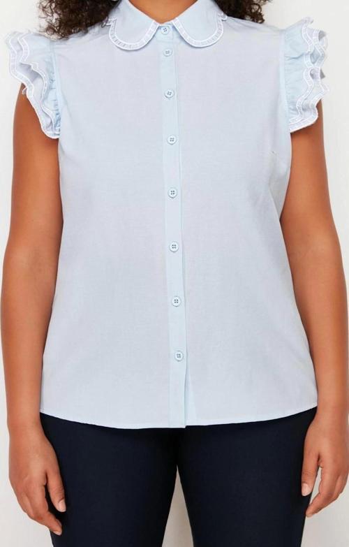 Moda Kadın Büyük Beden Bebe Yaka Düz Desen Günlük Omuz Ve Yaka Nakış Detaylı Dokuma Gömlek