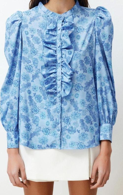 Moda Kadın Dik Yaka Günlük Çiçek Desenli Fırfırlı Şifon Kumaş Regular Normal Kalıp Dokuma Gömlek