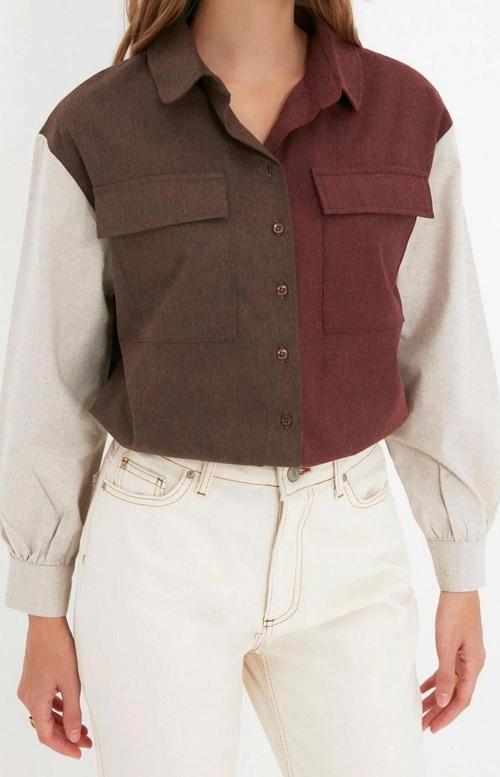 Moda Kadın Gömlek Yaka Düz Desen Günlük Renk Bloklu Düğmeli Dokuma Gömlek