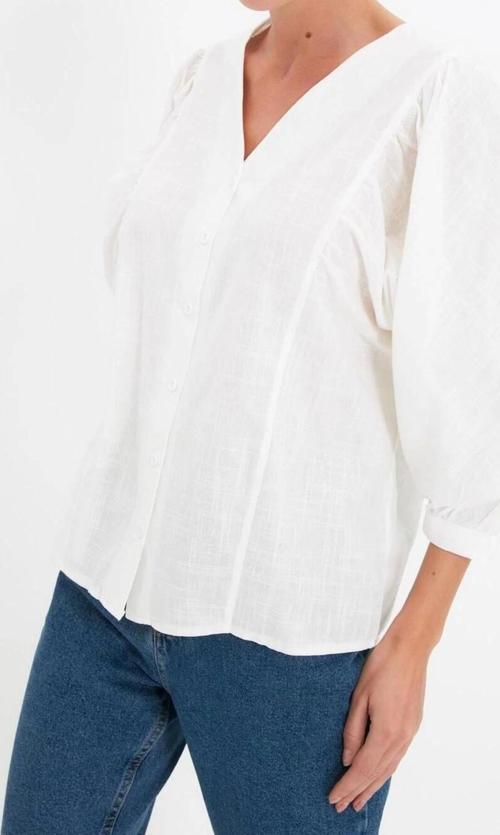 Moda Kadın V Yaka Düz Desen Resmi Yarasa Kol Regular Normal Kalıp Dokuma Gömlek