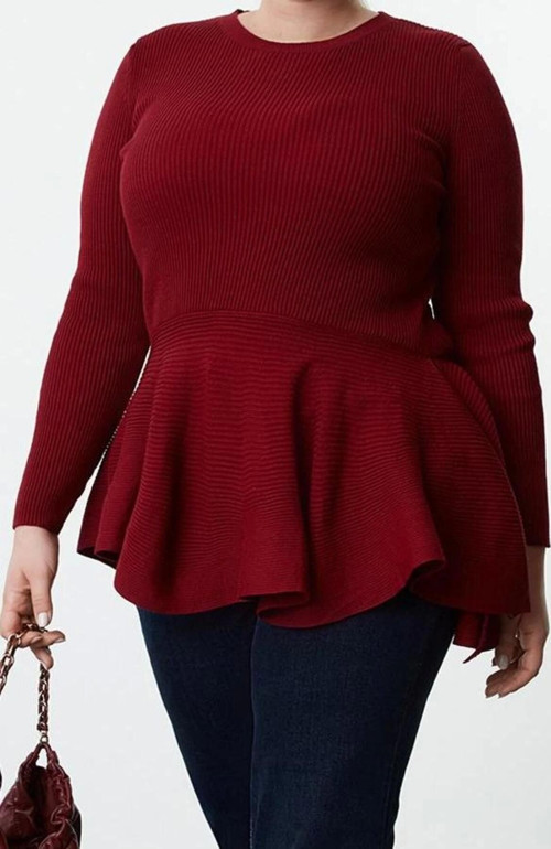 Stil Kadın Fitilli Etek Ucu Volanlı Bluz Regular Triko Fitted Kalıp Büyük Beden