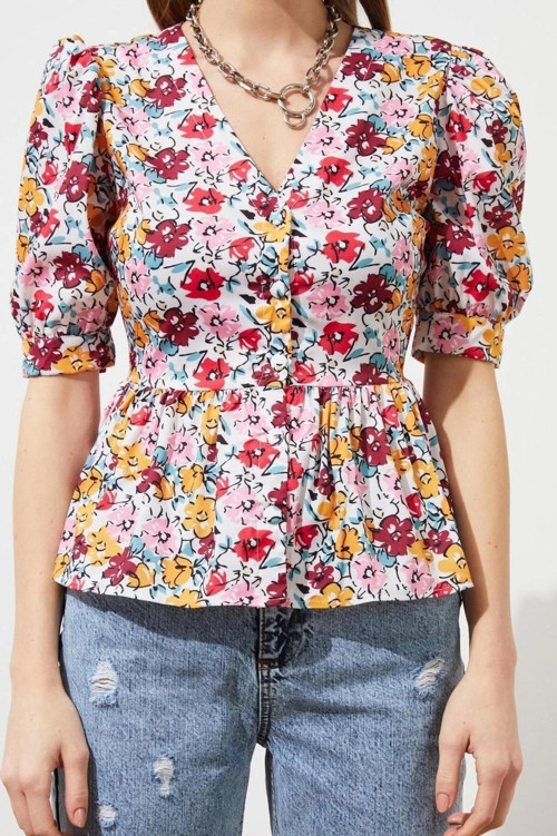 Moda Kadın V Yaka Çiçekli Desen Günlük Çiçek Desenli Kısa Kollu Fitted Bele Oturan Dokuma Gömlek