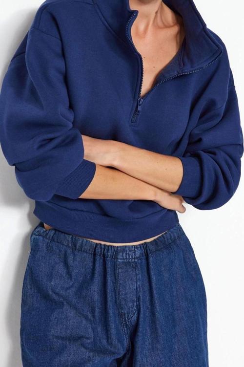 Fitted Fermuarlı Yaka Düşük Kol Crop Rahat Kesim Crop Fermuarlı Kalın Polarlı Örme Sweatshirt