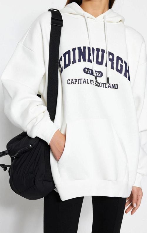 Oversize Kapüşonlu Standart Kol Standart Kalın Polarlı Baskılı Geniş Kalıp Örme Sweatshirt