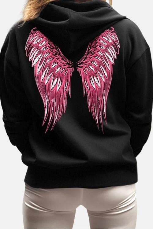 Bol Kapüşonlu Düşük Kol Uzun Kalın İçi Polarlı Ön ve Arka Baskılı Geniş Kalıp Örme Sweatshirt