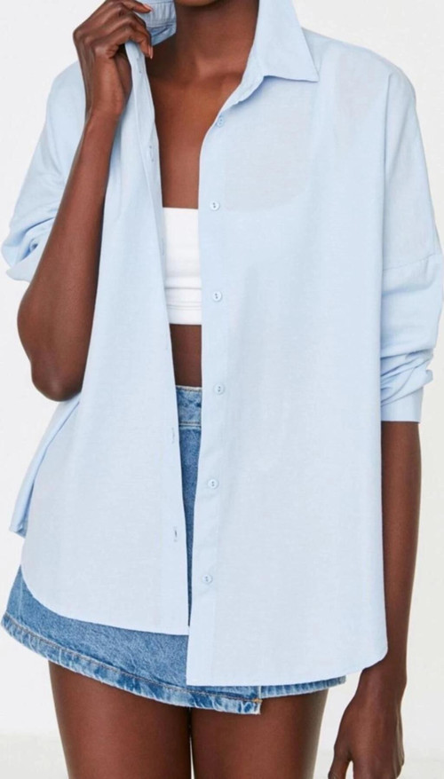 Moda Kadın Gömlek Yaka Düz Desen Günlük Pamuklu Oversize Geniş Kalıp Dokuma Gömlek