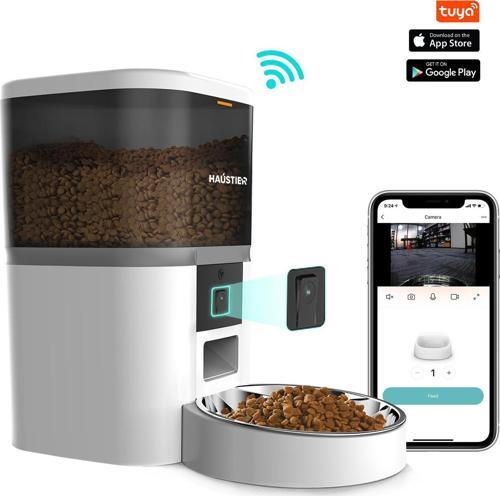 QQ005 Akıllı Kedi Köpek Otomatik Mama Kabı , Wifi , Sesle Çağırma, 480P Kamera, 6lt Hazne, Metal Kase, Beyaz
