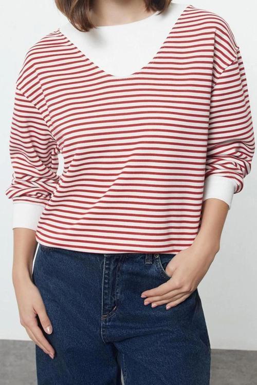 Tarz Bol Bisiklet Yaka Düşük Kol Uzun Çizgili Geniş Kalıp Yaka Kalın Örme Sweatshirt