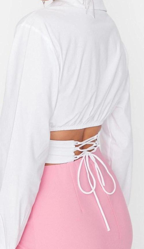 Moda Kadın Gömlek Yaka Düz Desen Şık Gece Crop Astarlı Korse Detaylı Dokuma Poplin Gömlek
