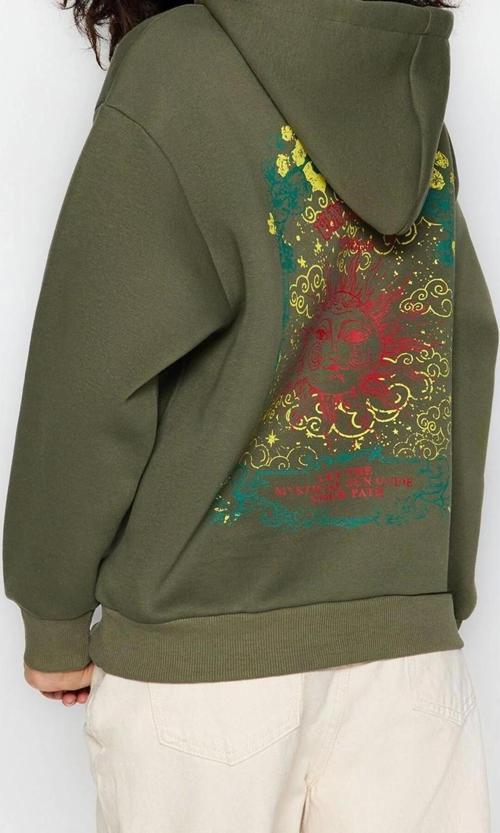 Kapüşonlu Düşük Kol Uzun Kalın İçi Polarlı Ön ve Arka Baskılı Geniş Kalıp Örme Sweatshirt