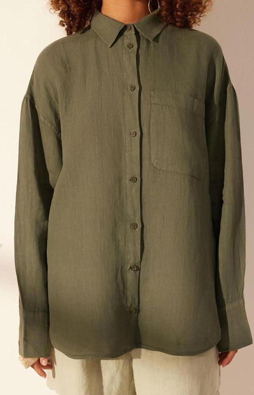 Moda Kadın Gömlek Yaka Düz Desen Günlük %100 Keten Oversize Gömlek